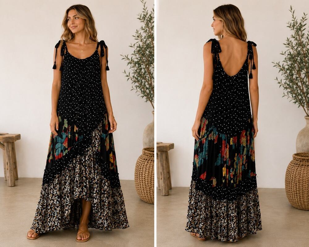 Free People Bare It All Oversized XS Maxi Dress Black Polka Dot Floral Tassel